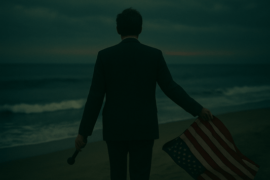 A cinematic scene of a man in a suit walking toward the ocean at dusk, holding a microphone in one hand and a loosely draped American flag in the other, symbolizing the intersection of politics, media, and advertising.