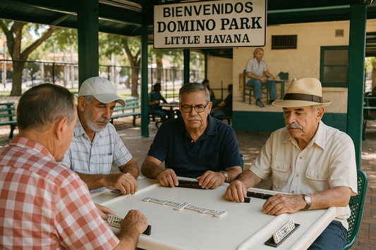 A group of four older men sit at a white domino table under the green pavilion at Domino Park in Little Havana, Miami. They appear focused as they play, surrounded by benches, trees, and a mural in the background.