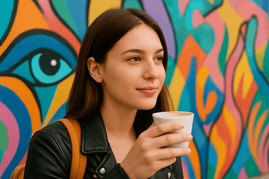 A woman enjoys coffee in front of a colorful mural in Miami, perfect for vibrant outdoor advertising.