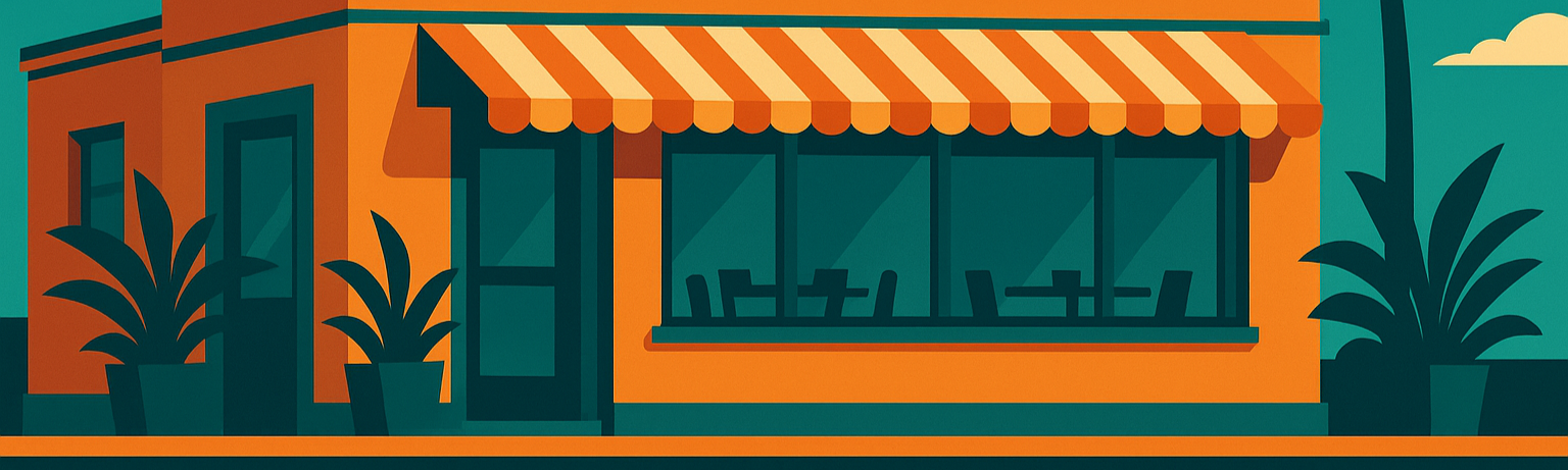 Flat-style illustration of a small orange café or local shop with a striped awning, tropical plants, and large front windows, representing neighborhood businesses commonly featured in Miami advertising visuals.