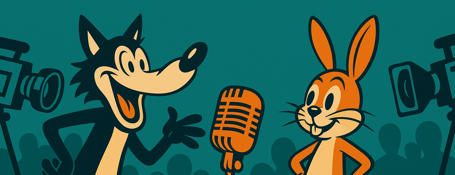 Cartoon-style illustration of a wolf and a rabbit speaking into a retro microphone on camera, surrounded by media equipment and a crowd, evoking themes of entertainment, media, and advertising.