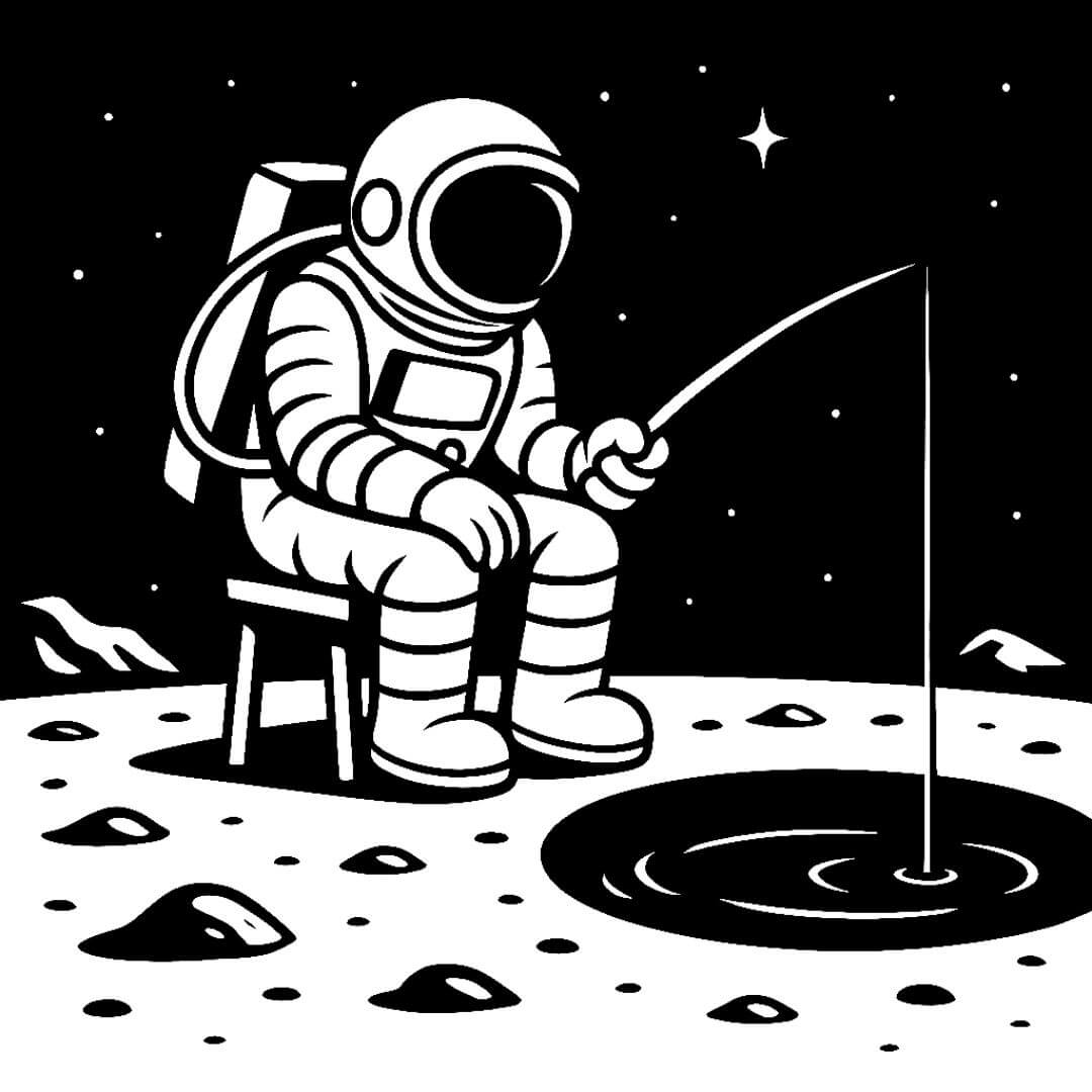 Illustration of an astronaut fishing on the moon, symbolizing creative thinking and out-of-this-world strategies in advertising, with a surreal, minimalist art style ideal for futuristic marketing campaigns.