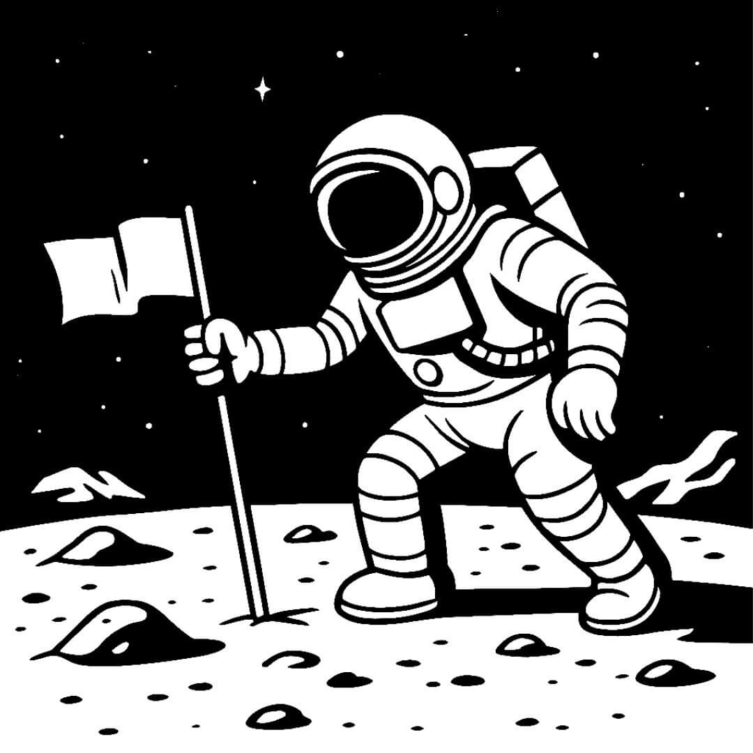 Retro-style illustration of an astronaut planting a flag on the moon, used in advertising to represent ambition, achievement, and claiming your space.