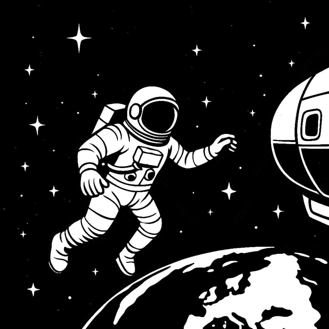 Vintage cartoon-style illustration of an astronaut tethered to a spacecraft, floating above Earth in space, used in advertising to symbolize exploration and bold ideas.