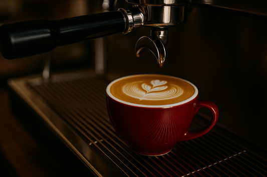 Freshly brewed latte in a red cup under an espresso machine—perfect for coffee shop branding or social content.