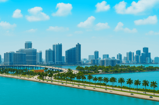 Miami skyline with high-rise buildings, turquoise water, and a palm-lined causeway under a bright blue sky—capturing the kind of vibrant, visual storytelling.