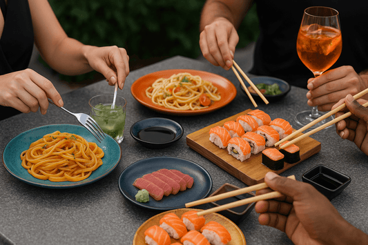 Friends sharing sushi and pasta outdoors—an inviting moment perfect for lifestyle advertising.