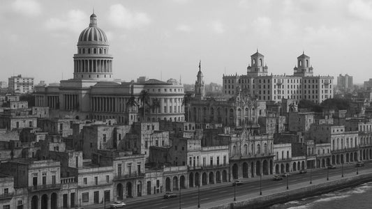 Black and white view of Havana skyline used in advertising to evoke nostalgia and realism.