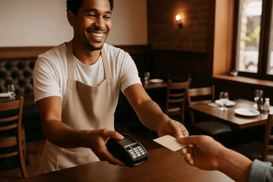 A smiling waiter in a Miami restaurant accepts a card payment, capturing a warm moment that reflects the hospitality often highlighted in advertising.