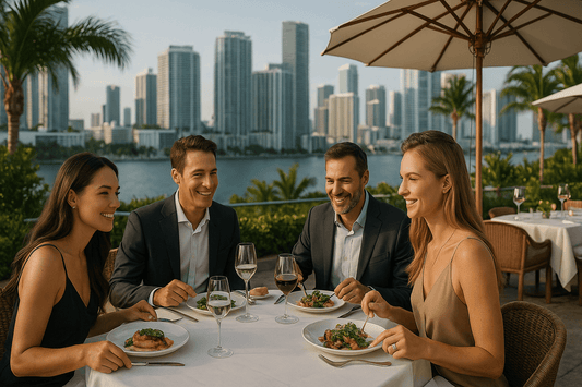 Four stylish friends enjoy dinner and wine at a rooftop restaurant in Miami, with the skyline in the background, a luxurious moment perfect for advertising Miami’s upscale lifestyle.