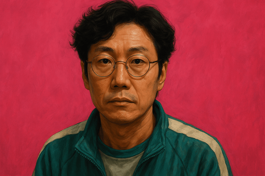 A semi-realistic digital illustration of a man in a suit and glasses set against a pink background, styled in the tone of Squid Game, representing the mindset behind powerful storytelling in advertising.