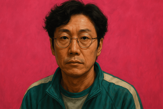 A semi-realistic digital illustration of a man in a suit and glasses set against a pink background, styled in the tone of Squid Game, representing the mindset behind powerful storytelling in advertising.