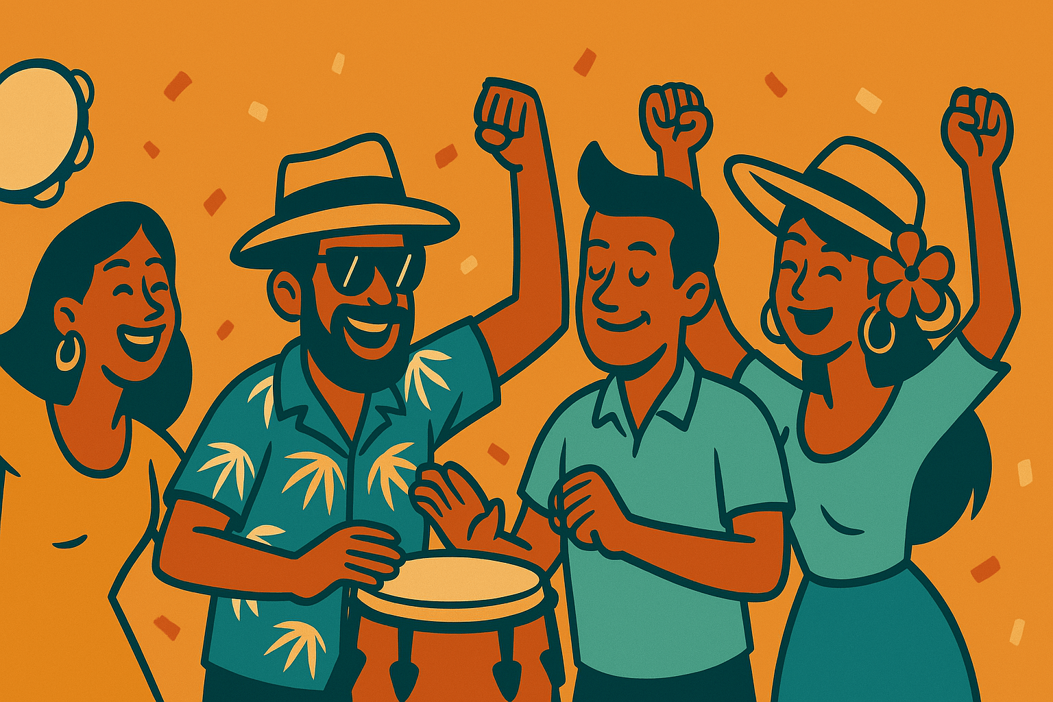 Flat-style digital illustration of a lively Latin group dancing and playing conga drums, celebrating with smiles, tropical shirts, and confetti in the background.